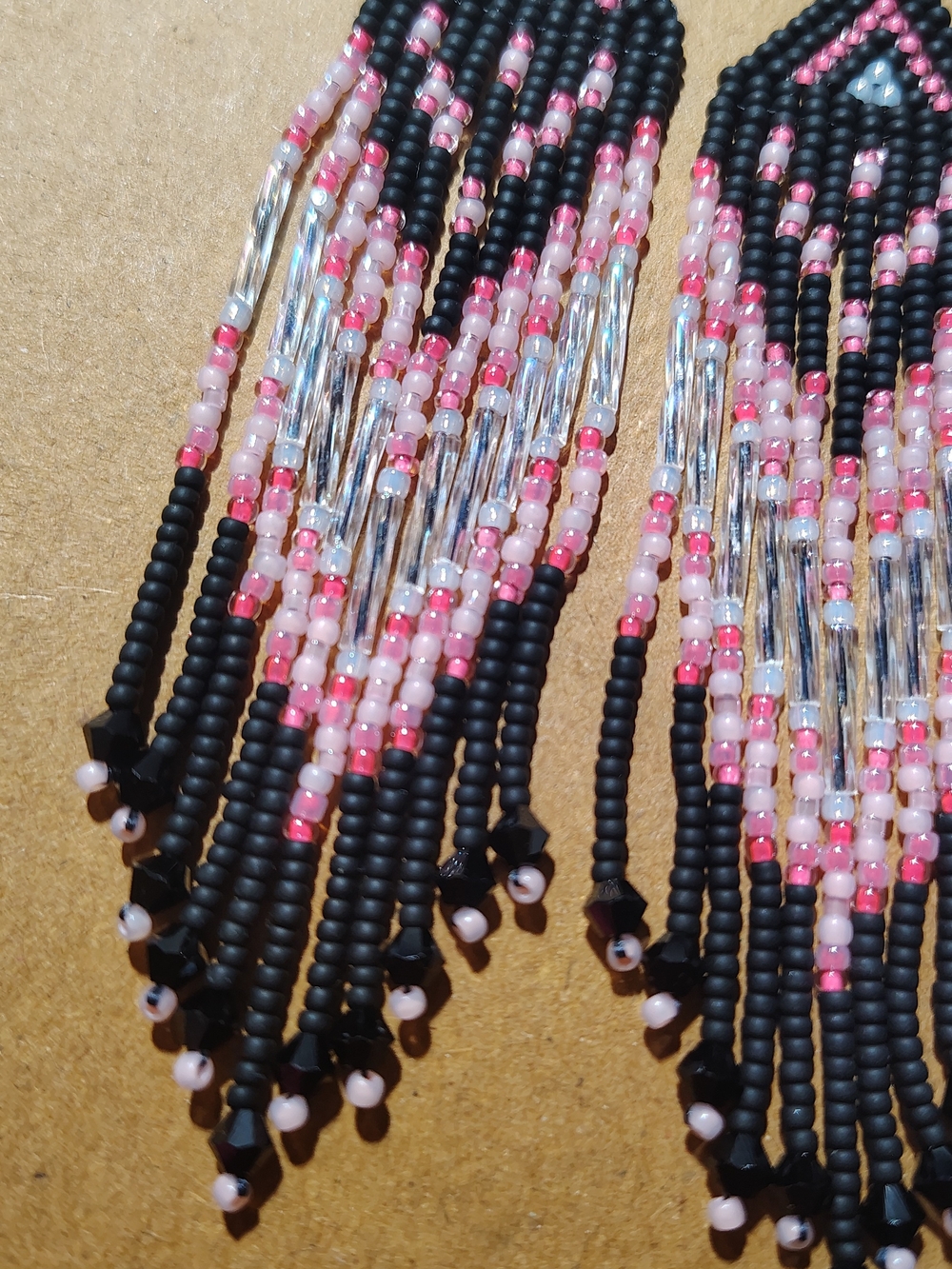 Handmade Black and Pink Beaded Fringe Earrings